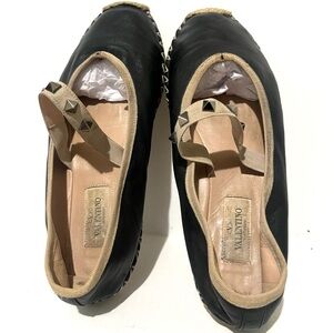 Valentino Rockstud  Ballerina Leather Black and Beige Flats with Studded Trim